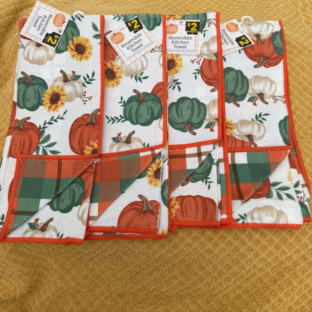 Perfect Harvest Reversible Kitchen Towel LOT of 4 Pumpkins 14x24 inches NWT